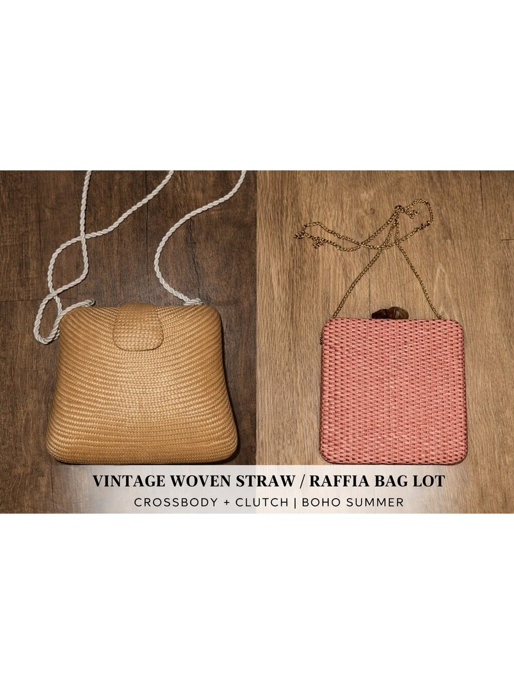 Vintage Woven Straw Raffia Bag Lot 2 Crossbody Clutch Boho